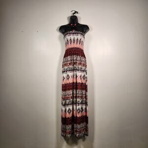 MAGIC Halter Maxi Dress Womens L Red Black Boho Beaded Tie Bow Summer Smocked